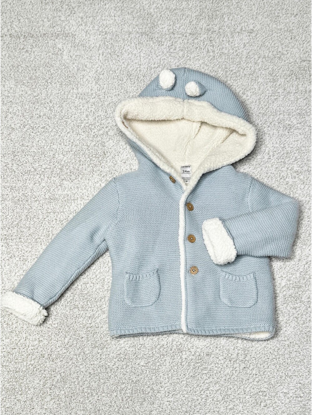Carter’s Baby Blue Sherpa Lined Knit Hooded Cardigan Bear Ears 24M